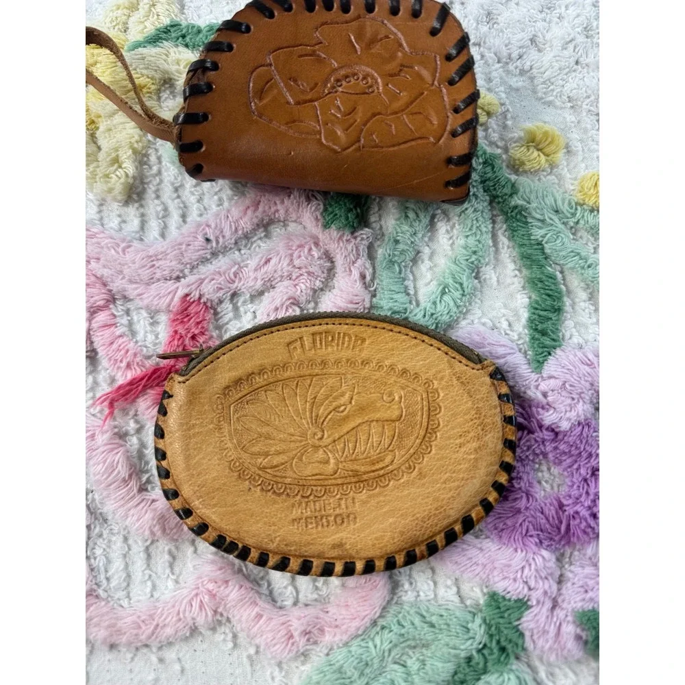 Vintage‎ Tooled Leather Coin Purse Pouch Florida Mexico Floral Design